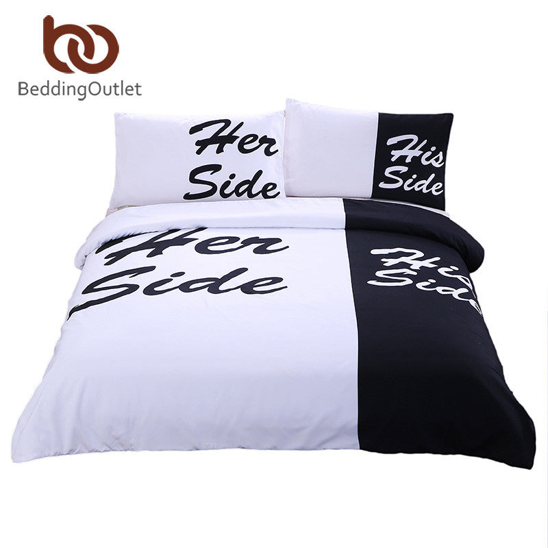 BeddingOutlet Black and White Bedding Set His Side & Her Side Couple Home textiles Soft Duvet Cover with Pillowcases 3Pcs Hot