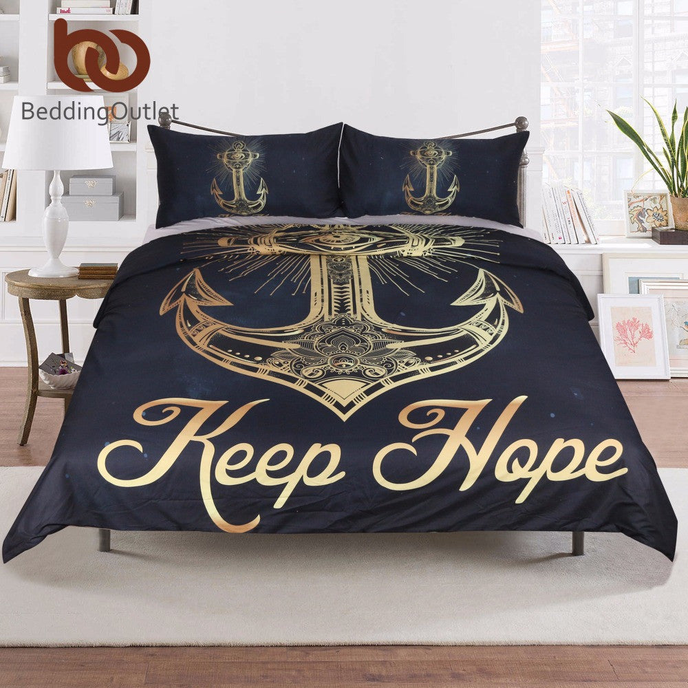 BeddingOutlet 3 Pcs Gold Anchor Duvet Cover Set With Pillowcase Black Dark Blue Retro Bedding Set Soft Microfiber Quilt Cover