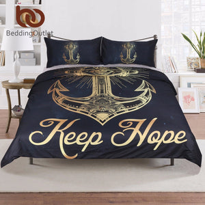 BeddingOutlet 3 Pcs Gold Anchor Duvet Cover Set With Pillowcase Black Dark Blue Retro Bedding Set Soft Microfiber Quilt Cover