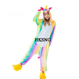 HKSNG 2017 New Adult Colorful Rainbow Unicorn Pajamas Winter Animal Kigurumi Flannel Onesie Pyjamas Costume For Girls Women